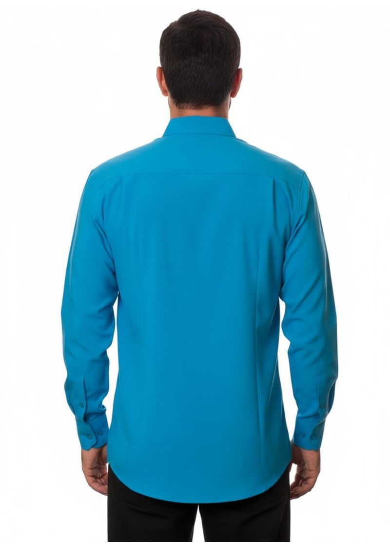 Camisa social azul-turquesa masculina de microfibra manga longa