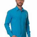 Camisa social azul-turquesa masculina de microfibra manga longa