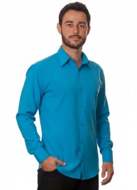 Camisa social azul-turquesa masculina de microfibra manga longa