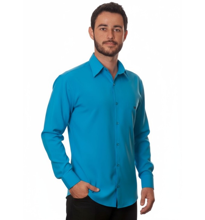 Camisa social azul-turquesa masculina de microfibra manga longa Camisa social azul-turquesa masculina de microfibra manga longa