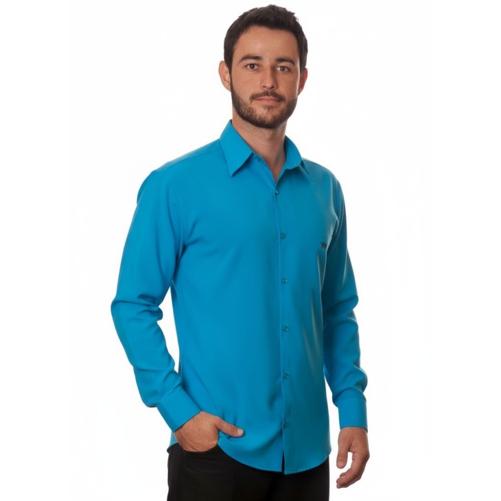 Camisa social azul-turquesa masculina de microfibra manga longa