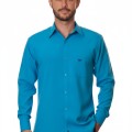 Camisa social azul-turquesa masculina de microfibra manga longa