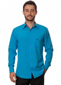 Camisa social azul-turquesa masculina de microfibra manga longa