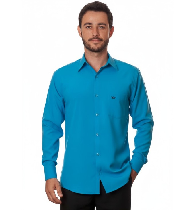 Camisa social azul-turquesa masculina de microfibra manga longa Camisa social azul-turquesa masculina de microfibra manga longa