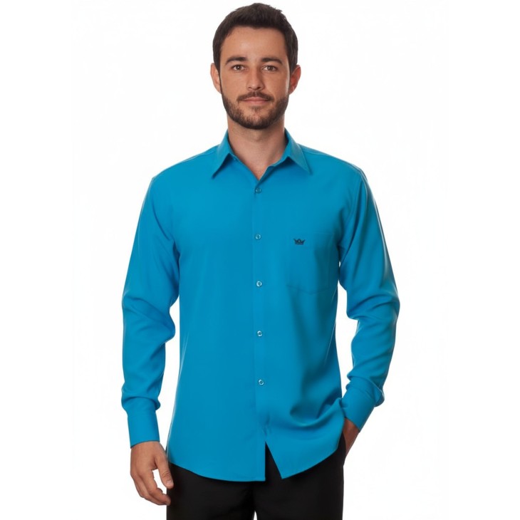 Camisa social azul-turquesa masculina de microfibra manga longa