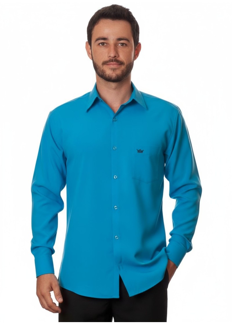 Camisa social azul-turquesa masculina de microfibra manga longa