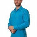 Camisa social azul-turquesa masculina de microfibra manga longa