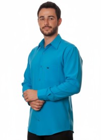 Camisa social azul-turquesa masculina de microfibra manga longa