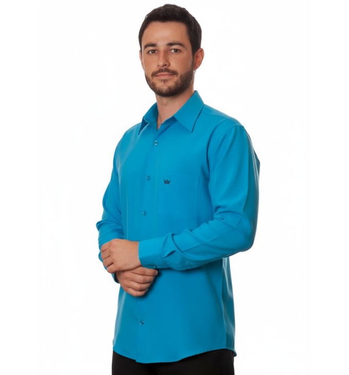 Camisa social azul-turquesa masculina de microfibra manga longa Camisa social azul-turquesa masculina de microfibra manga longa