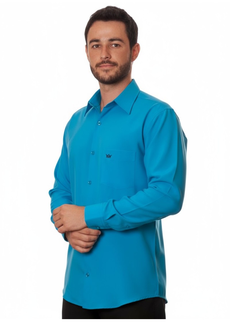 Camisa social azul-turquesa masculina de microfibra manga longa