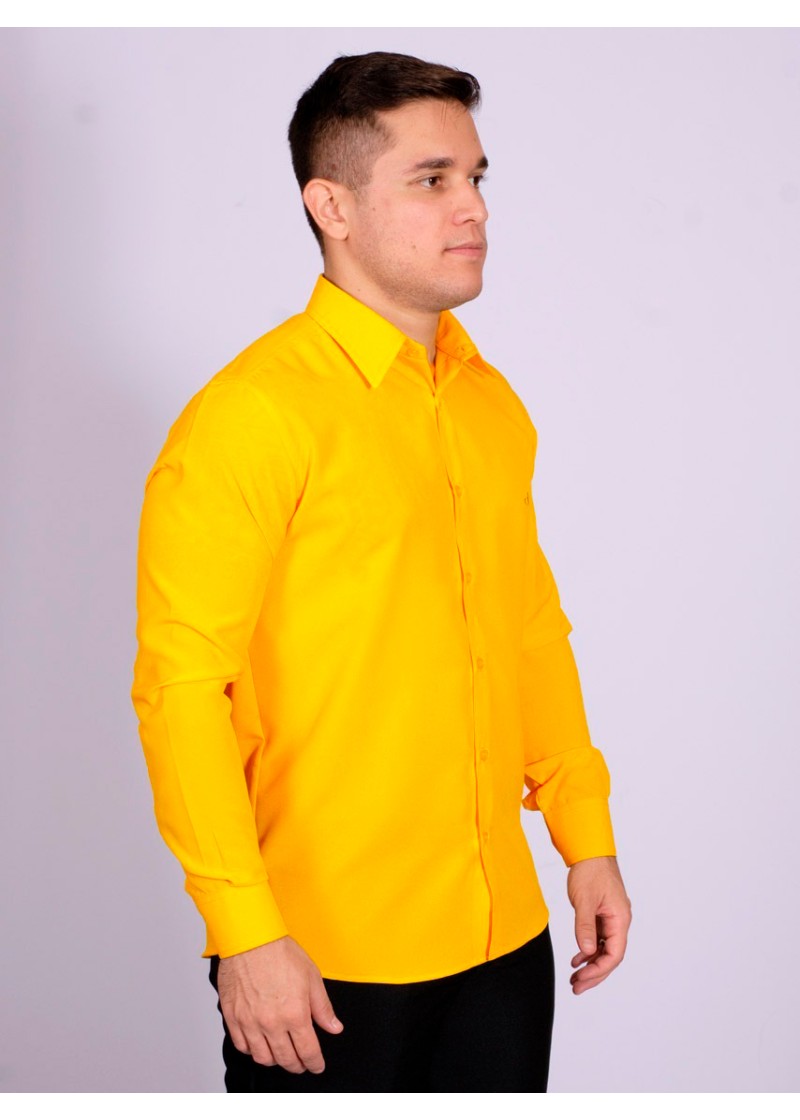 Camisa social amarela masculina de microfibra manga longa