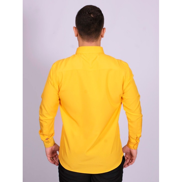 Camisa social amarela masculina de microfibra manga longa