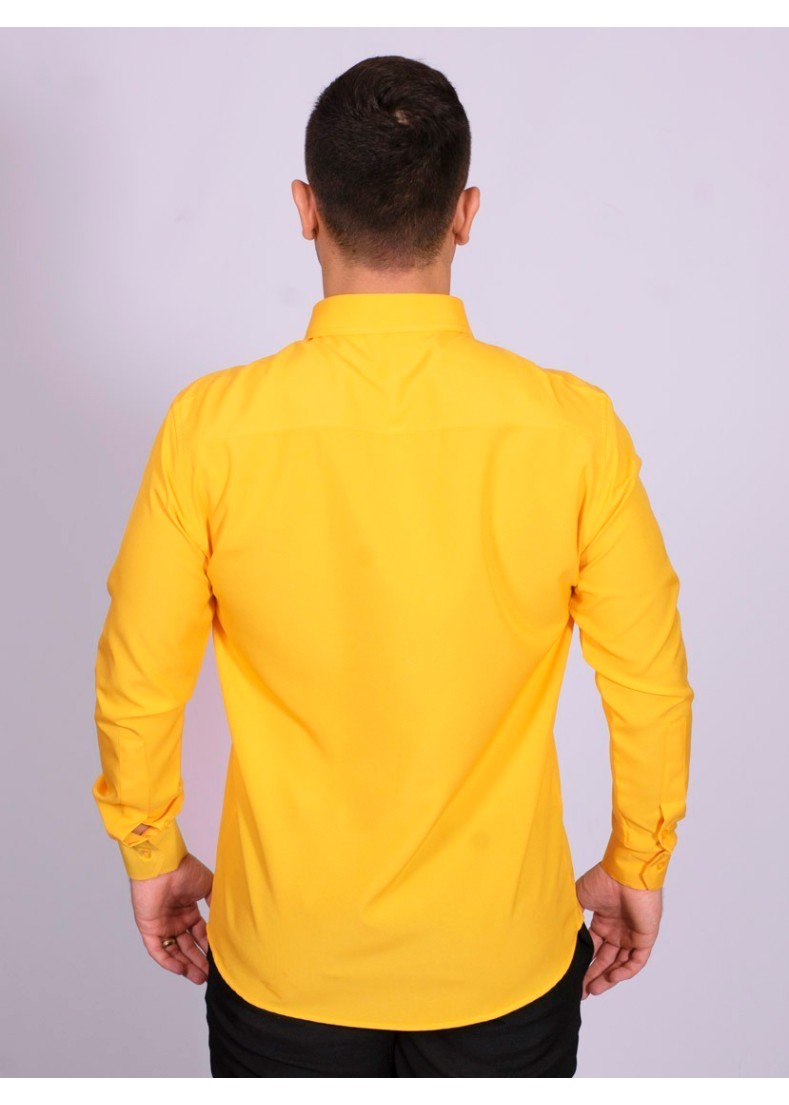Camisa social amarela masculina de microfibra manga longa