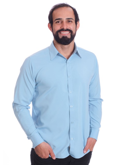 Camisa social azul claro masculina de microfibra