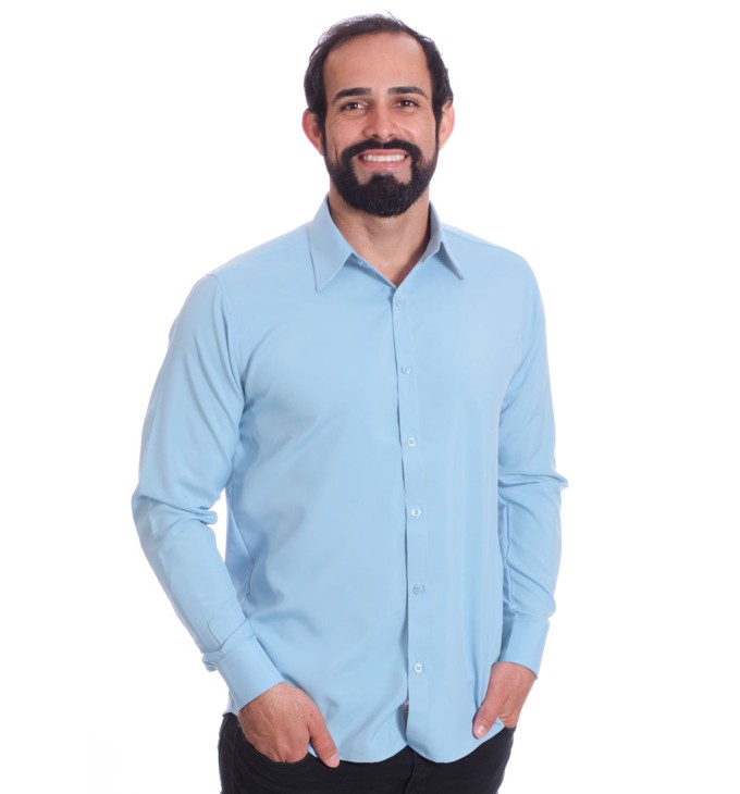 Camisa social azul claro masculina de microfibra Camisa social azul claro masculina de microfibra