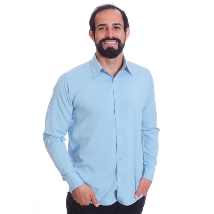 Camisa social azul claro masculina de microfibra