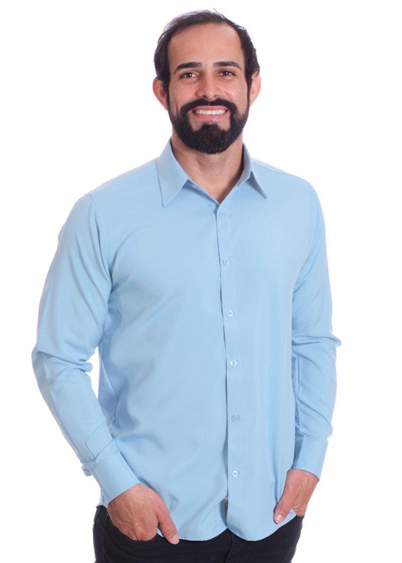 Camisa social azul claro masculina de microfibra