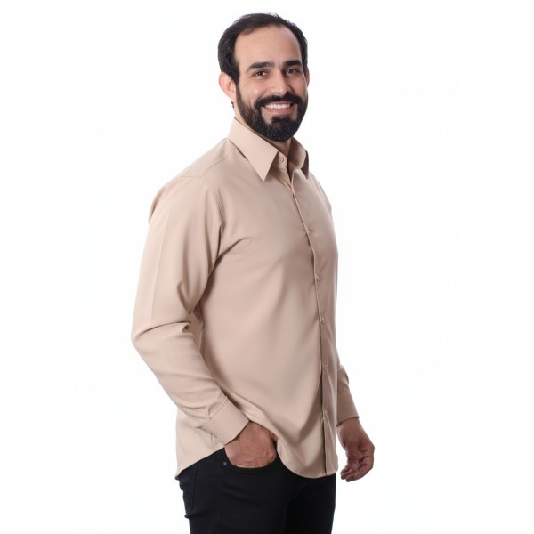 Camisa bege masculina manga longa de microfibra