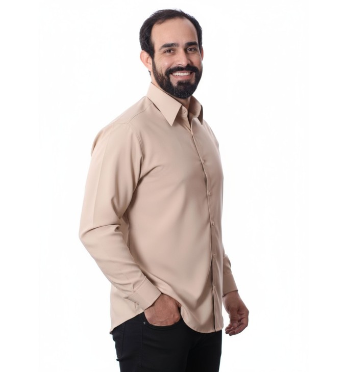 Camisa bege masculina manga longa de microfibra Camisa bege masculina manga longa de microfibra