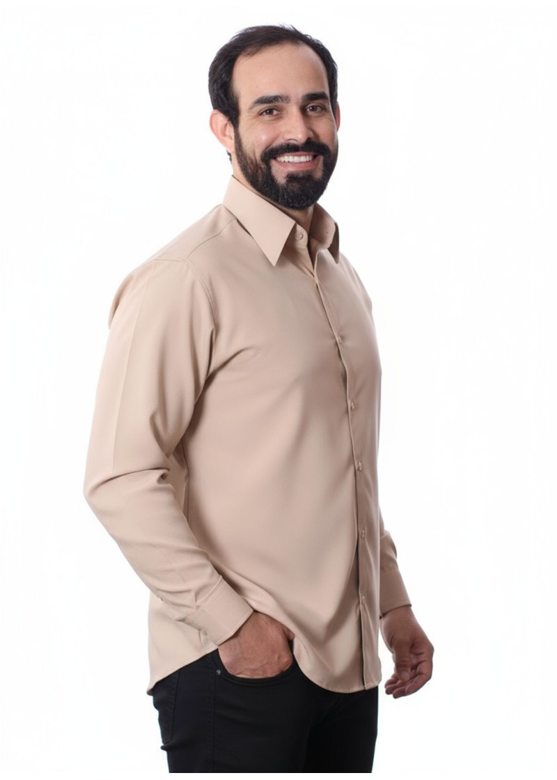 Camisa bege masculina manga longa de microfibra