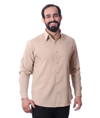 Camisa bege masculina manga longa de microfibra