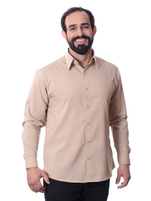 Camisa bege masculina manga longa de microfibra
