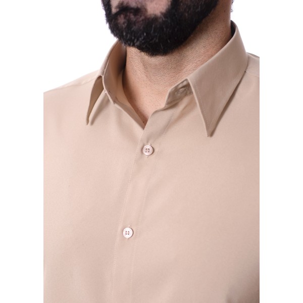 Camisa bege masculina manga longa de microfibra