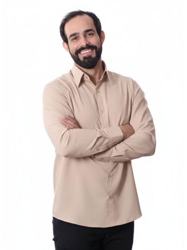 Camisa bege masculina manga longa de microfibra