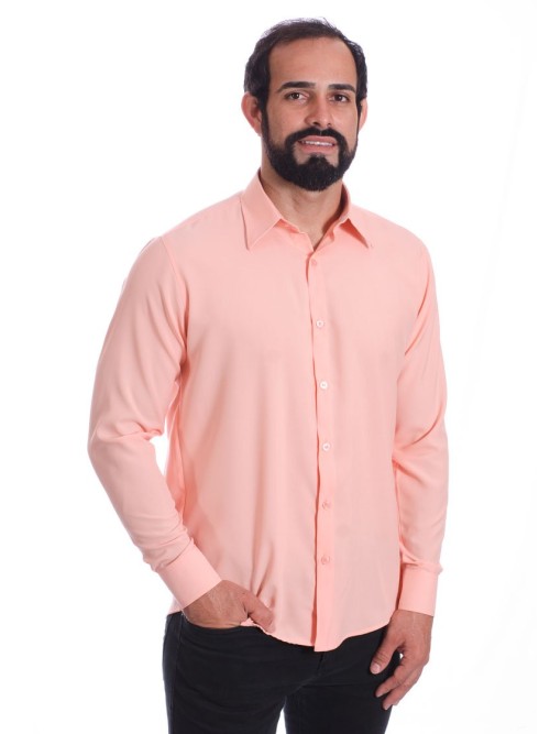 Camisa social masculina de microfibra manga longa, salmão