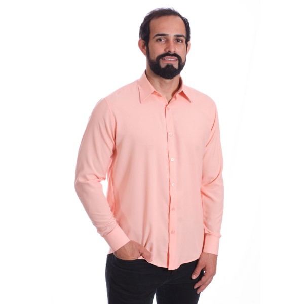 Camisa social masculina de microfibra manga longa, salmão