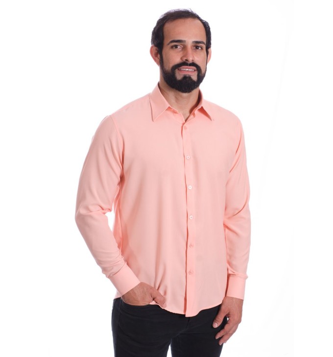Camisa social masculina de microfibra manga longa, salmão