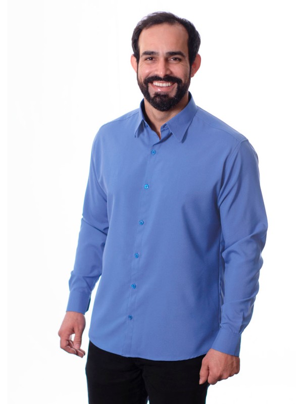 Camisa social azul maya masculina de microfibra