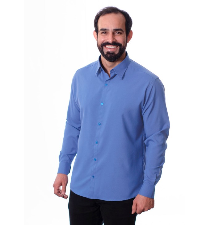 Camisa social azul maya masculina de microfibra