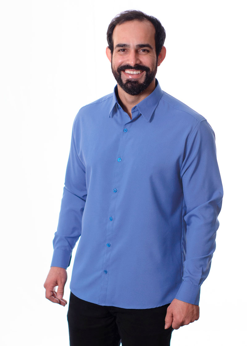 Camisa social azul maya masculina de microfibra