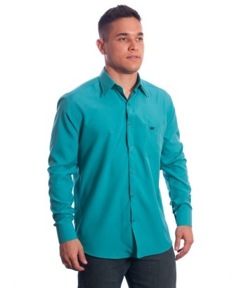 Camisa social masculina de microfibra manga longa, turquesa