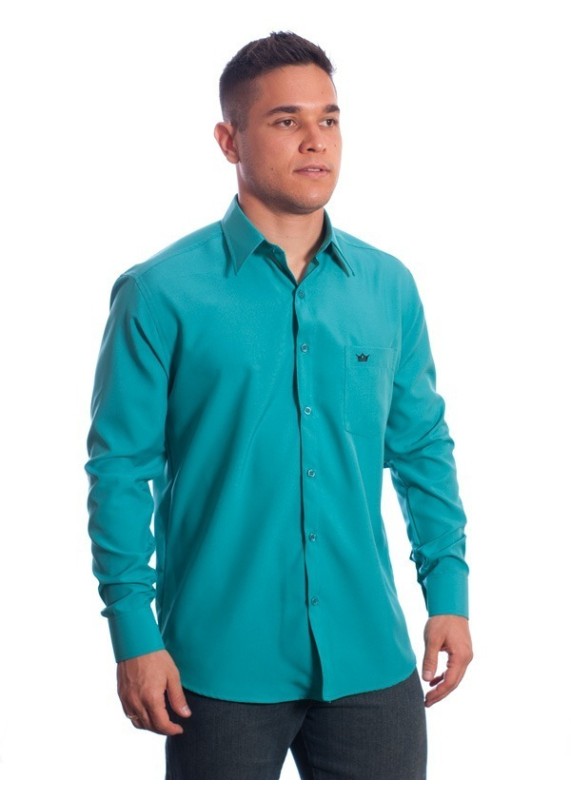 Camisa social masculina de microfibra manga longa, turquesa