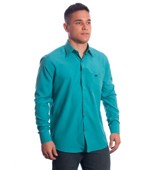 Camisa social masculina de microfibra manga longa, turquesa
