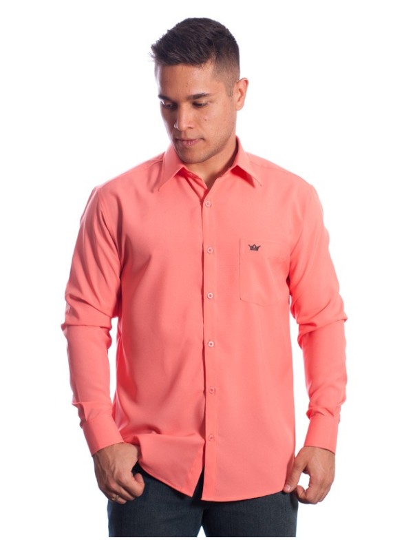 Camisa social masculina de microfibra manga longa, coral