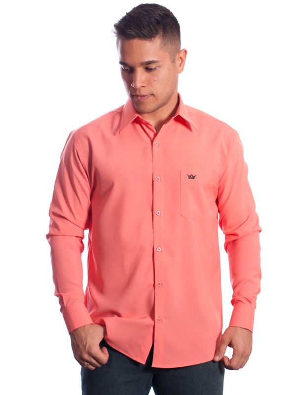 Camisa social masculina de microfibra manga longa, coral