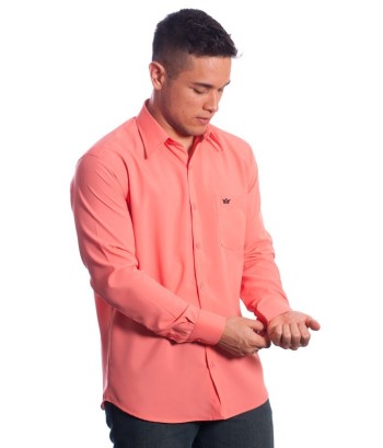 Camisa social masculina de microfibra manga longa, coral