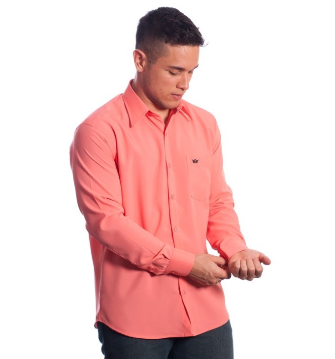 Camisa social masculina de microfibra manga longa, coral Camisa social masculina de microfibra manga longa, coral