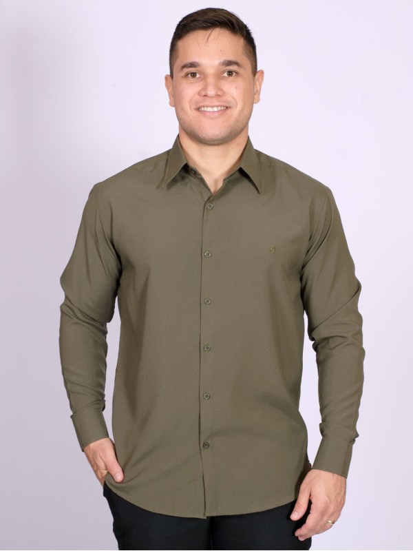 Camisa social masculina de microfibra manga longa, verde navajo