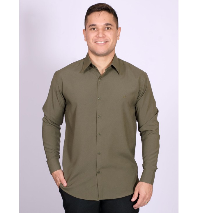 Camisa social masculina de microfibra manga longa, verde navajo