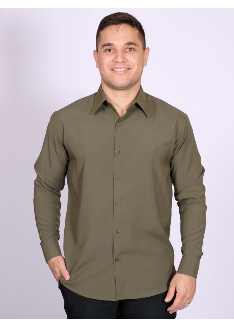 Camisa social masculina de microfibra manga longa, verde navajo
