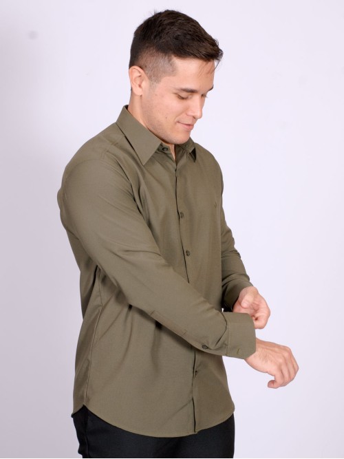 Camisa social masculina de microfibra manga longa, verde navajo