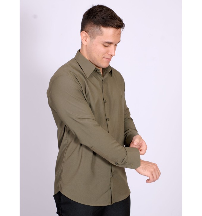 Camisa social masculina de microfibra manga longa, verde navajo