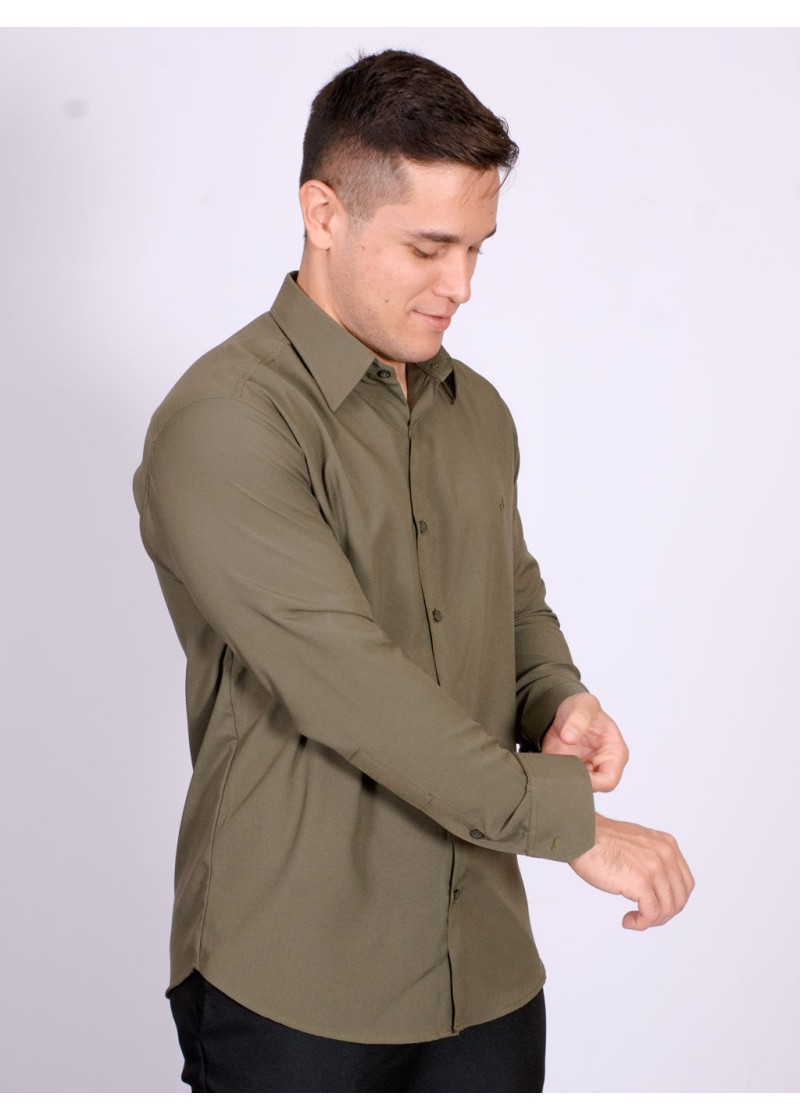 Camisa social masculina de microfibra manga longa, verde navajo