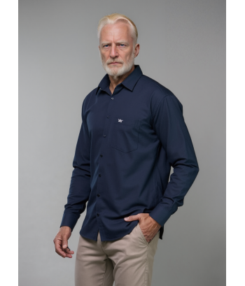 Camisa social azul marinho lisa masculina de algodão