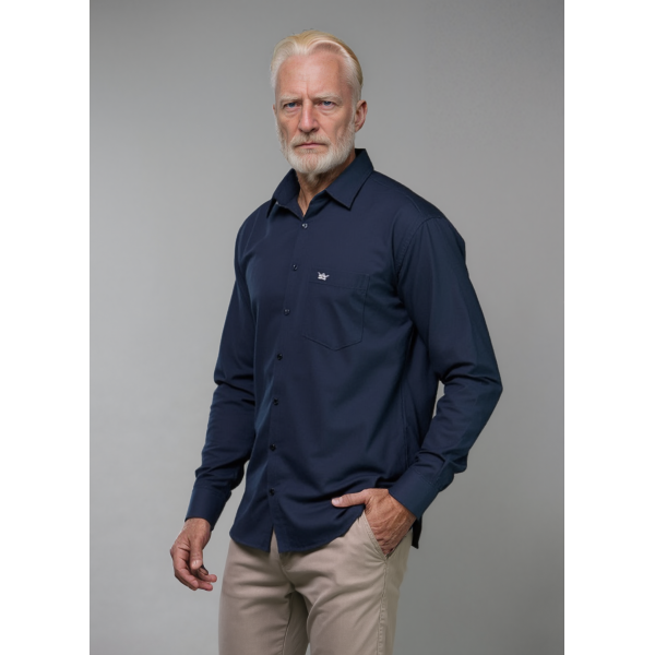 Camisa social azul marinho lisa masculina de algodão