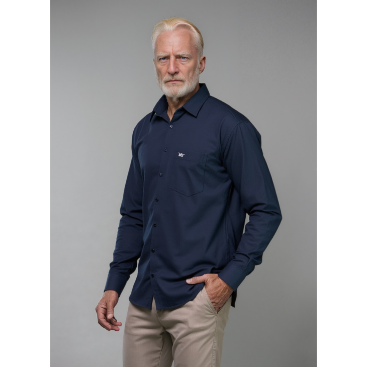 Camisa social azul marinho lisa masculina de algodão